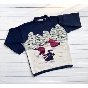 vtg‎ Karen Scott ice skating hand knit Christmas wool sweater size L